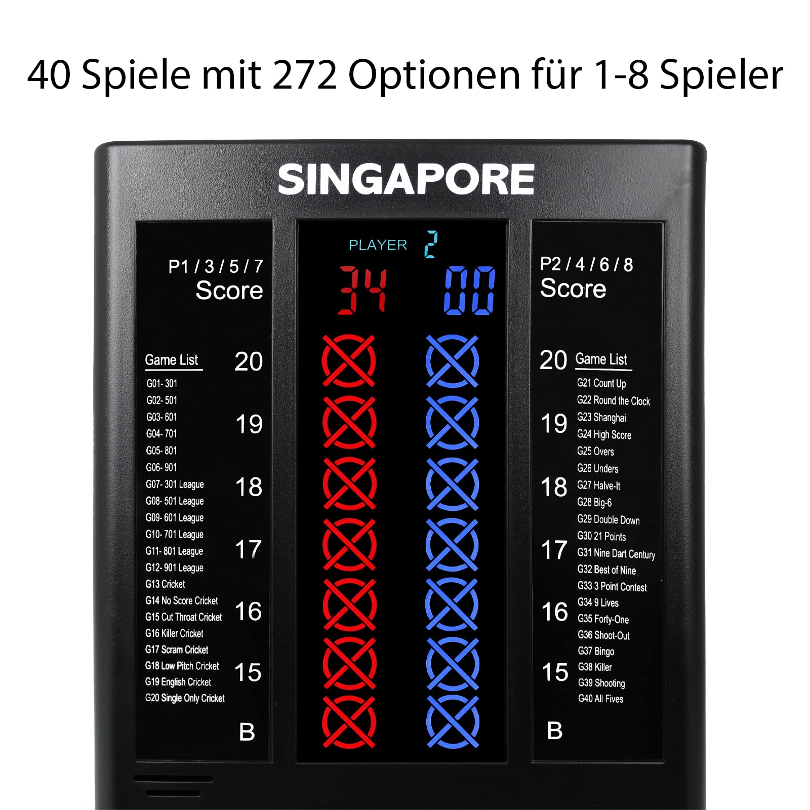 XQmax Compteur de score électronique de fléchettes avec différents jeux et variations jusqu'à 8 joueurs, Compteur de points, Noir, 12 x 26,5 x 2,5 cm / 4.7 x 10.4 x 1 in