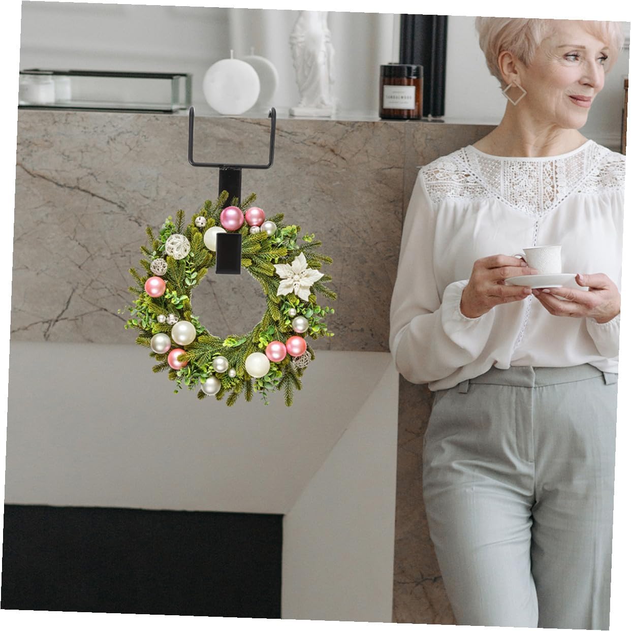 ABOOFAN The Door Wreath Hanger Black Wrought Iron 4pcs Double Hooks Garland Holder for Front Door Christmas and Halloween Decorative