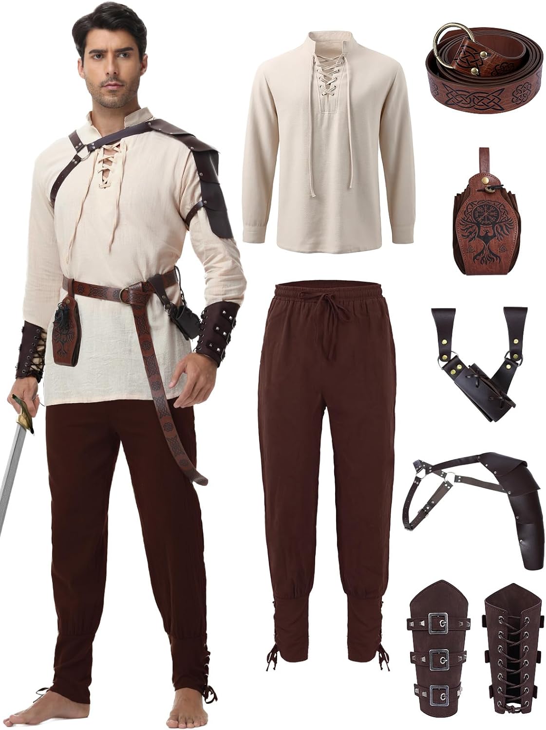 Renaissance Medieval Costume for Men - 8 Pcs Pirate Outfit Set, Halloween Costume with Viking Belt