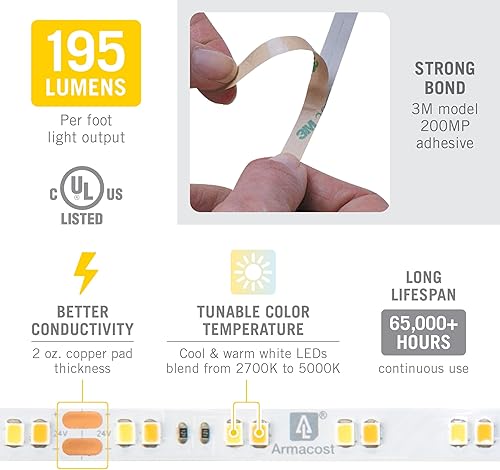 Miniatura 4 de Armacost Lighting RibbonFlex Pro 165230 - Luz de cinta LED sintonizable CCT blanca de 24 voltios, 16.4 pies (165230)