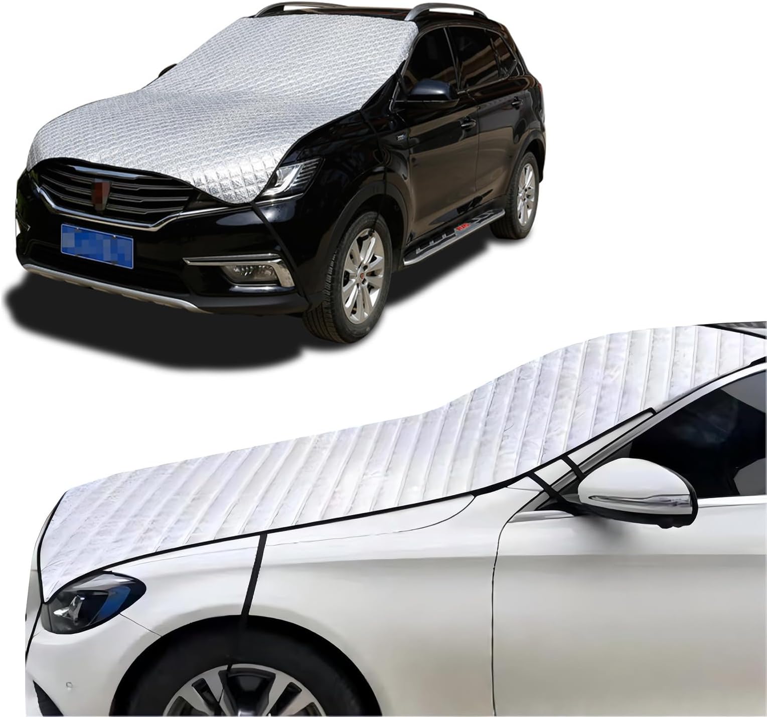1 PC Car Half Cover, Thickened Cotton Front Windshield Car Cover, Super Breathable and Snow and Frost Protection Car Exterior Accessories, Universal for Most Cars (Silver)