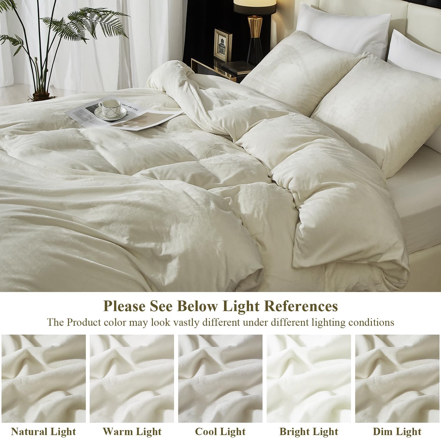 Ivellow Velvet Duvet Cover Set Beige Duvet Cover Queen Size 3Pcs Ultra Soft Comforter Cover Breathable Solid Luxury Flannel Velour Duvet Cover Zipper Closure Corner Tie - Image 8