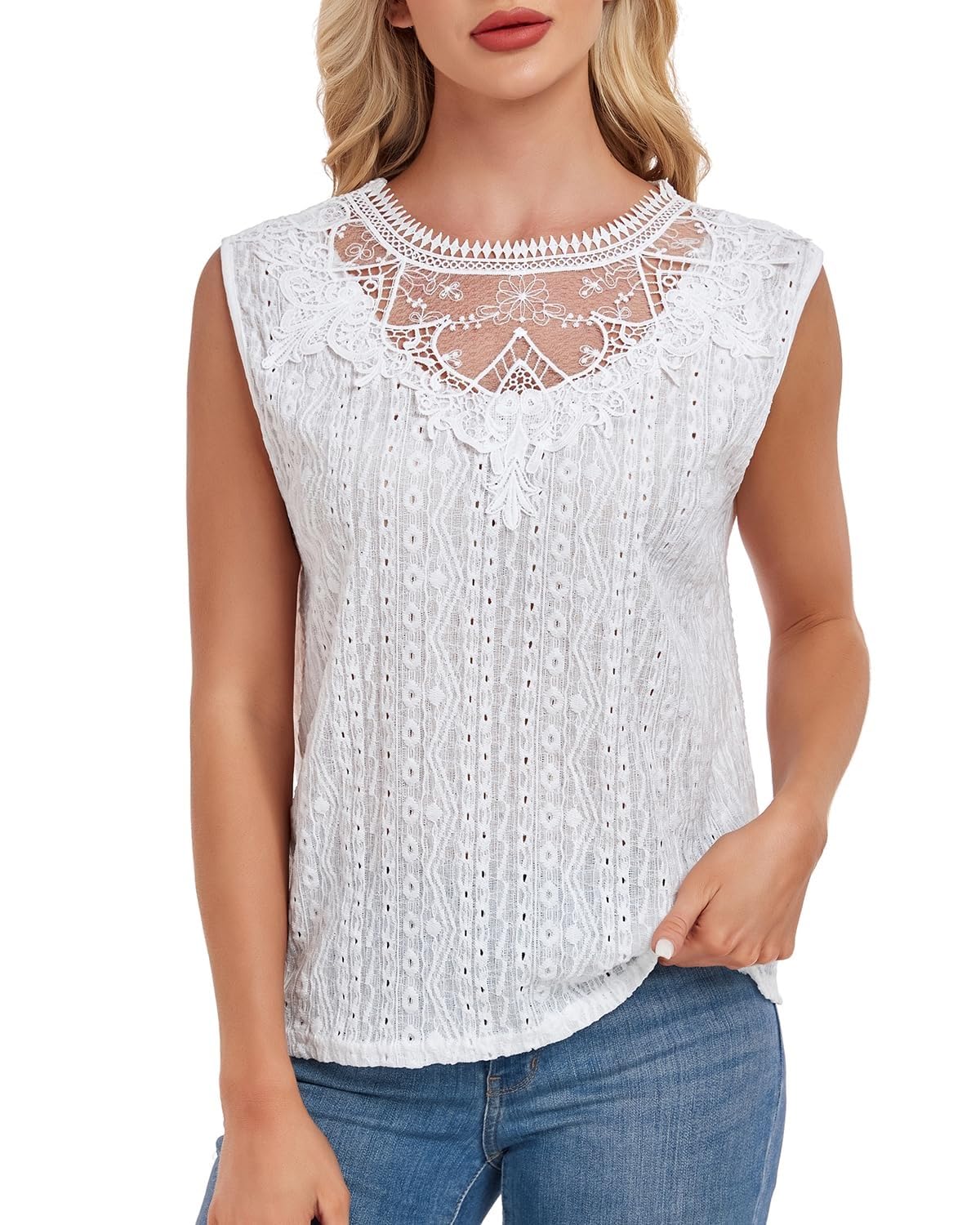 Canotte a Tunica con Buco della Serratura sul Retro Senza Maniche da Donna, Camicette Casual in Pizzo(White,L)