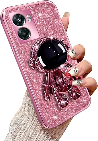 Phone Case for Oneplus Nord N300 5G with Astronaut Kickstand & Lanyard Soft TPU Bling Shockproof Protection Cover for Oneplus Nord N300 5G Case, Rose Gold