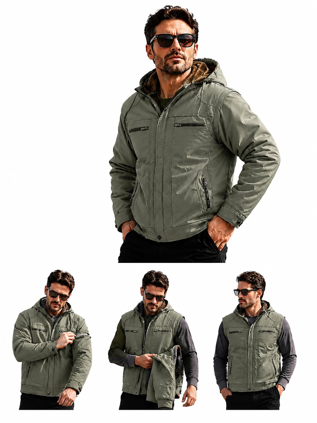 Men's Winter Jacket, Convertible Hooded Design with Removable Half Sleeves, Cotton Padded, Full Sleeve to Sleeveless, Thermal Insulated,-image-30