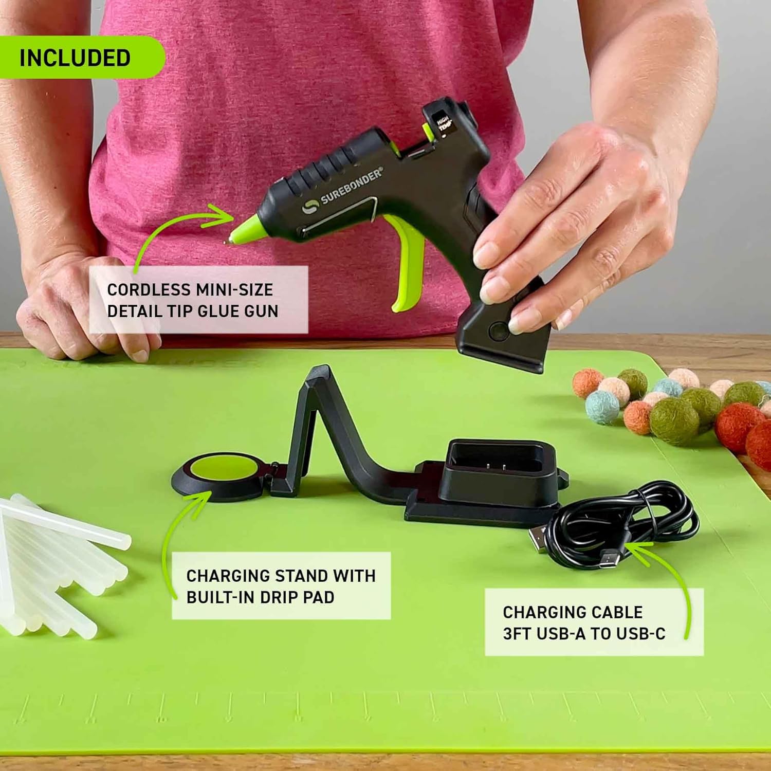 Surebonder EverCharge Cordless Mini Glue Gun with USB-C Rechargeable Battery with Charging Base, Precision Tip, High Temp Hot Glue Gun for Crafts & DIY