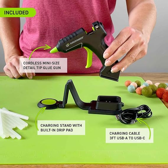 Surebonder EverCharge Cordless Mini Glue Gun with USB-C Rechargeable Battery with Charging Base, Precision Tip, High Temp Hot Glue Gun for Crafts & DIY