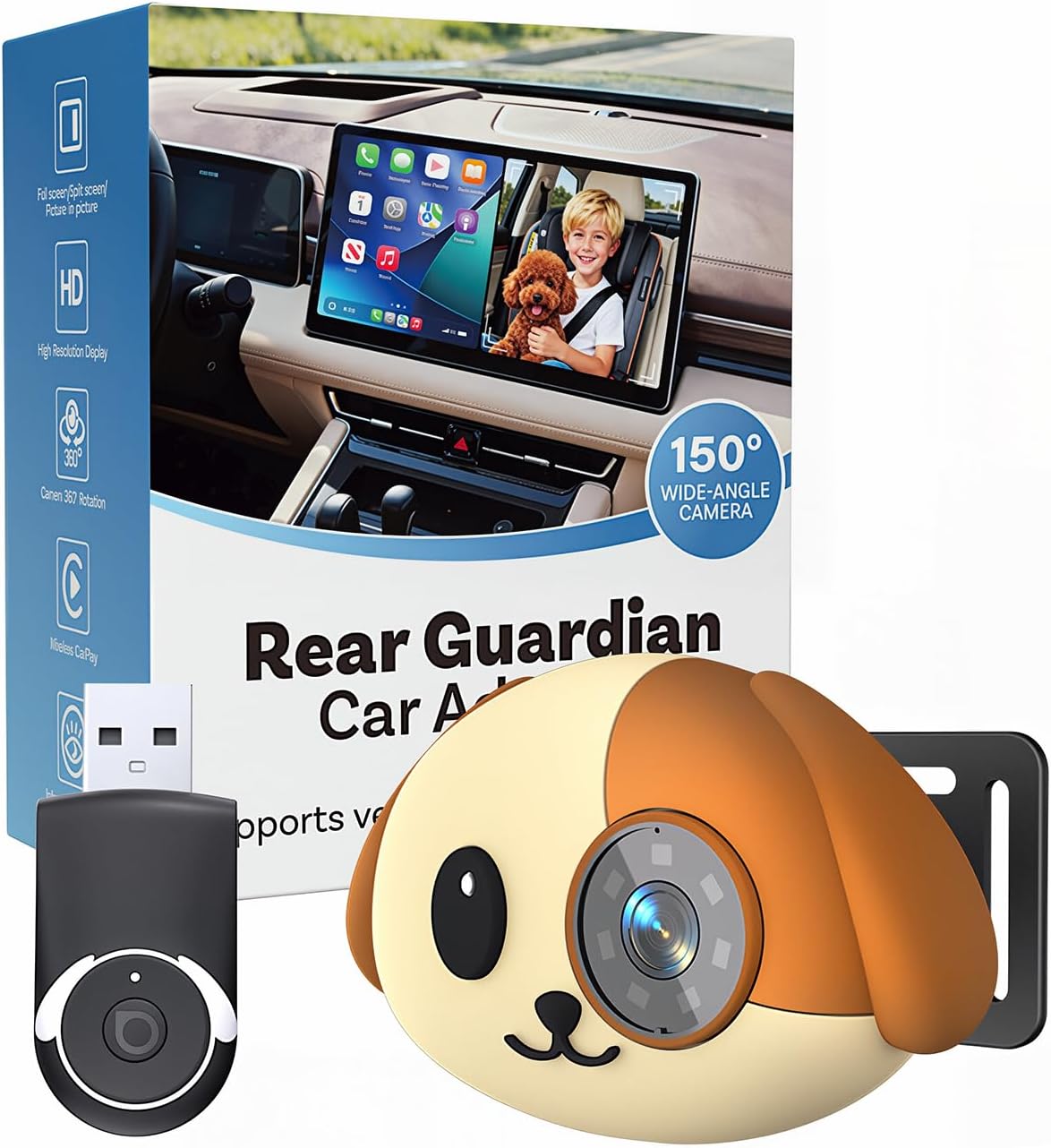 Wireless CarPlay Baby Car Camera for iPhone, 1080P Rear Seat Baby Monitor with Night Vision, No Screen Needed, Plug & Play Adapter, Split Screen, 150 Wide Angle Fits Factory Wired CarPlay Cars