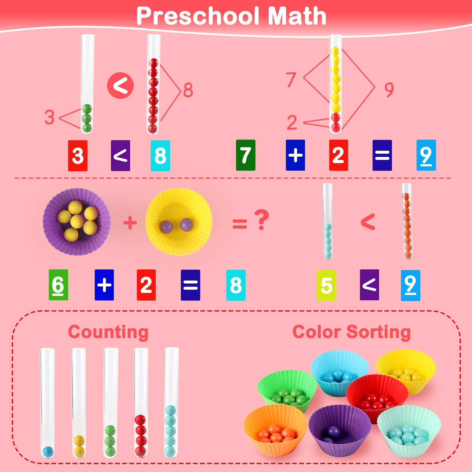 Juguetes Montessori de aprendizaje para niños pequeños de 3, 4, 5, 6 años, apilamiento de arcoíris y clasificación de colores, juego de cuentas de clip para crujir números, juego de cuentas 3