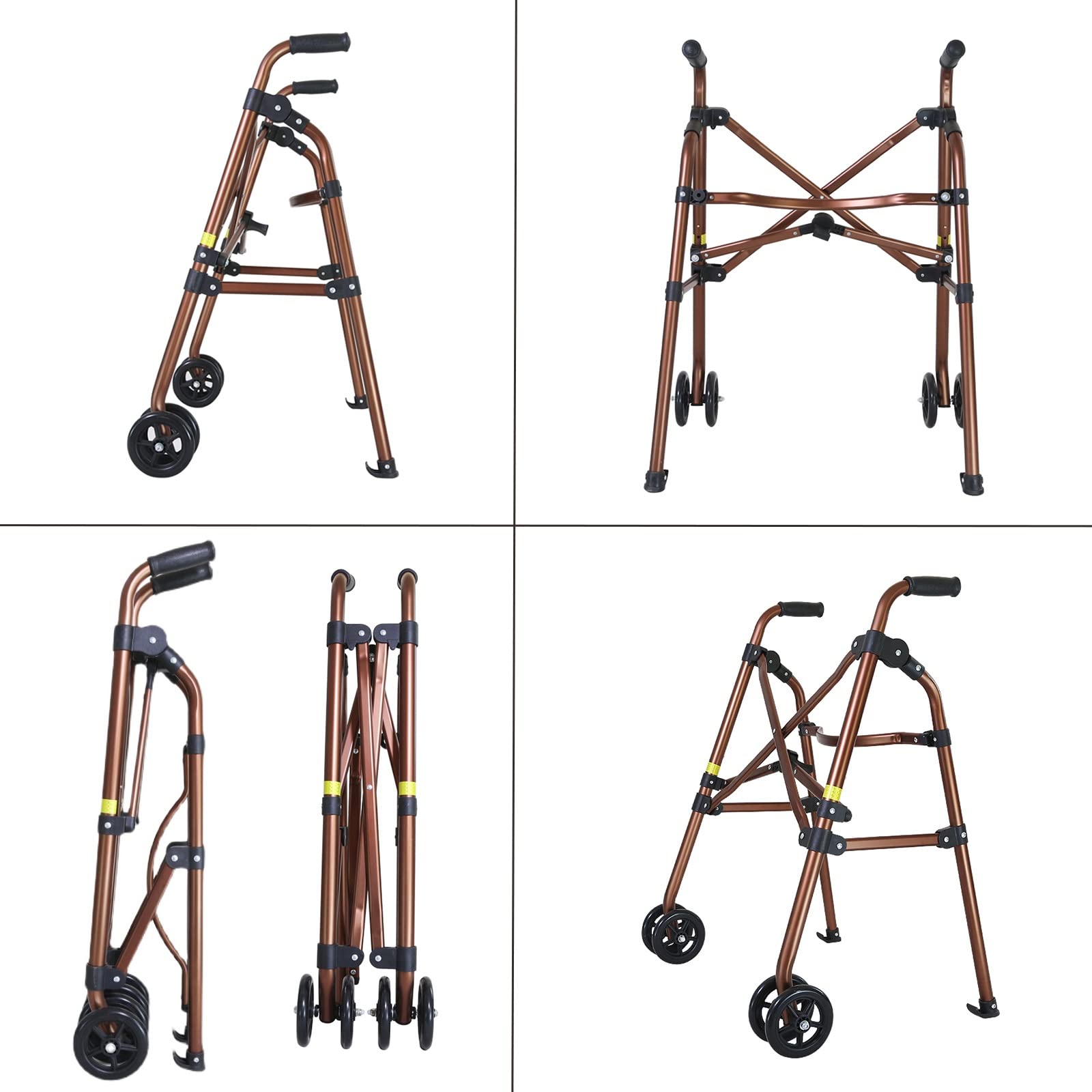 standardowy wózek dla seniorów, składany, lekki, aluminiowy, brązowy sprzęt do chodzenia z 2 kołami o średnicy 6 cali, pomocnicza rama do chodzenia rehabilitacyjnego