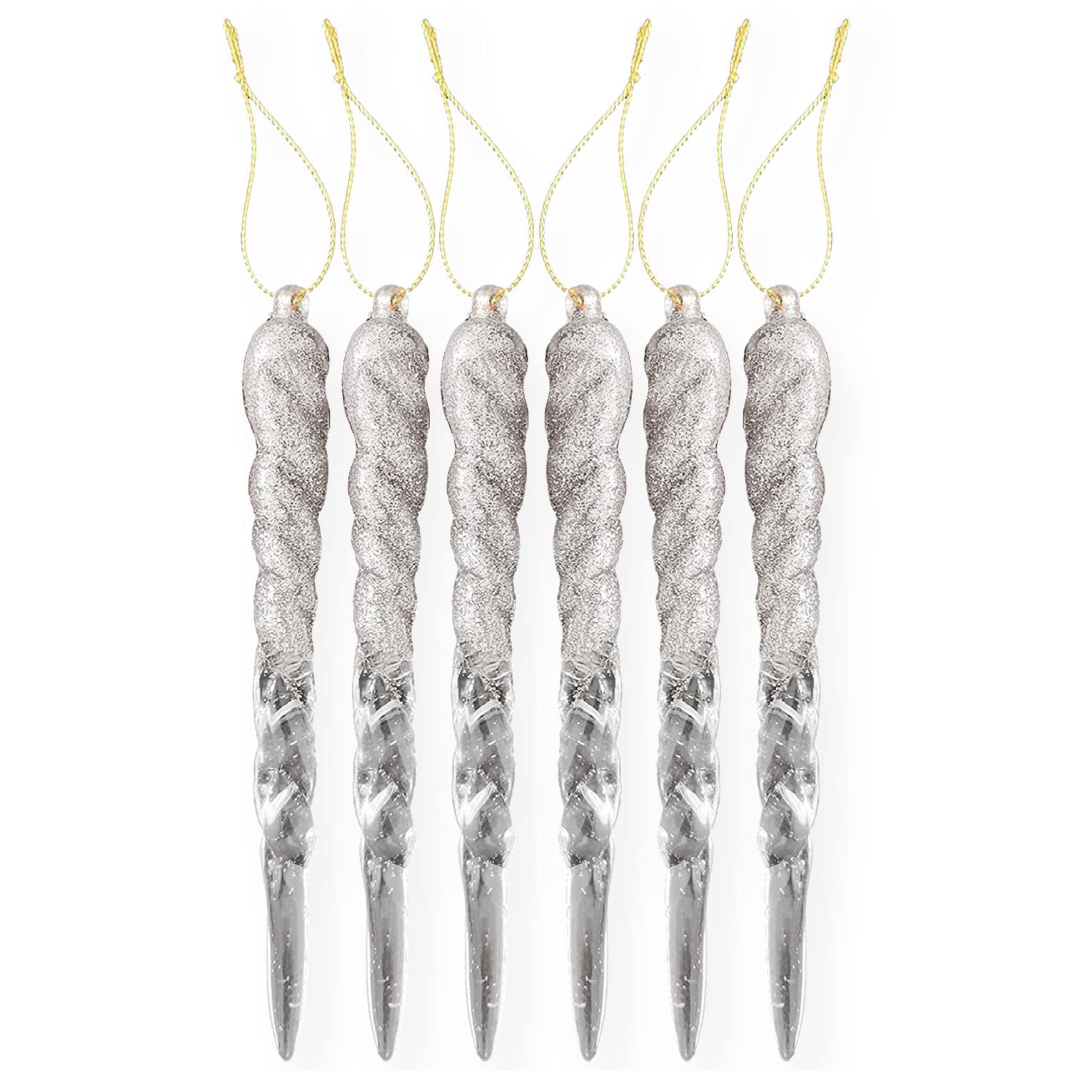 AKH® 13CM / 5" Christmas Hanging Icicles | Icicle Ornaments Bubbles | Pack of 6 | Glitter Baubles (Silver)