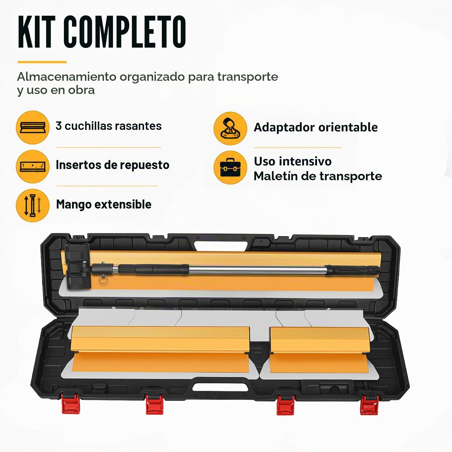 Juego de Espátulas para Alisar 30/50/80 cm | Tres Espátulas de Acero Inoxidable con Repuestos, Mango Telescópico y Maletín para Paredes, Techos, Yeso y Masilla