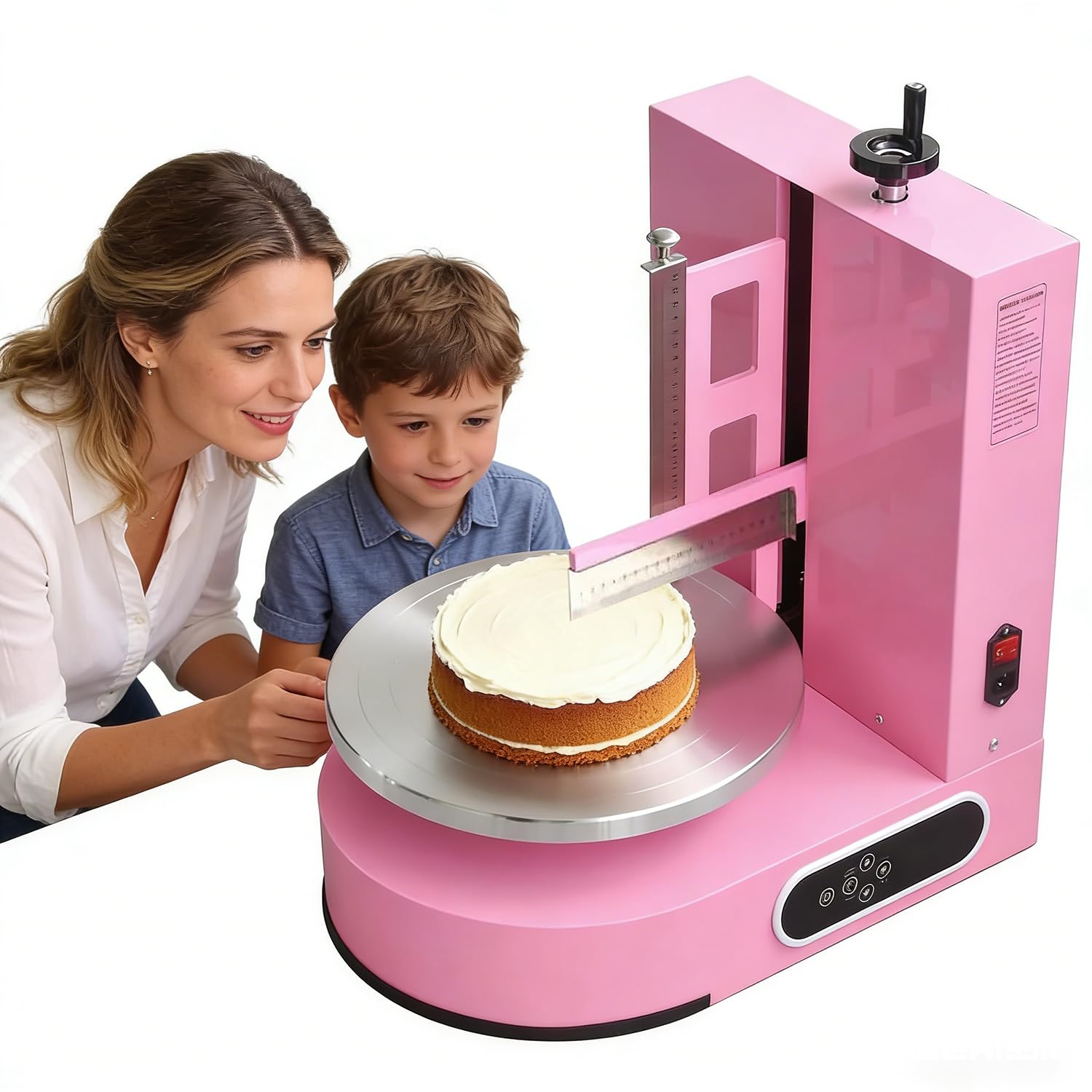 Machine à glaçage électrique pour gâteaux 4–12‘’ avec lisseur en inox 304, hauteur de glaçage réglable jusqu’à 20 cm, écran LCD étanche et kit complet de décoration pâtisserie Pink-35cm