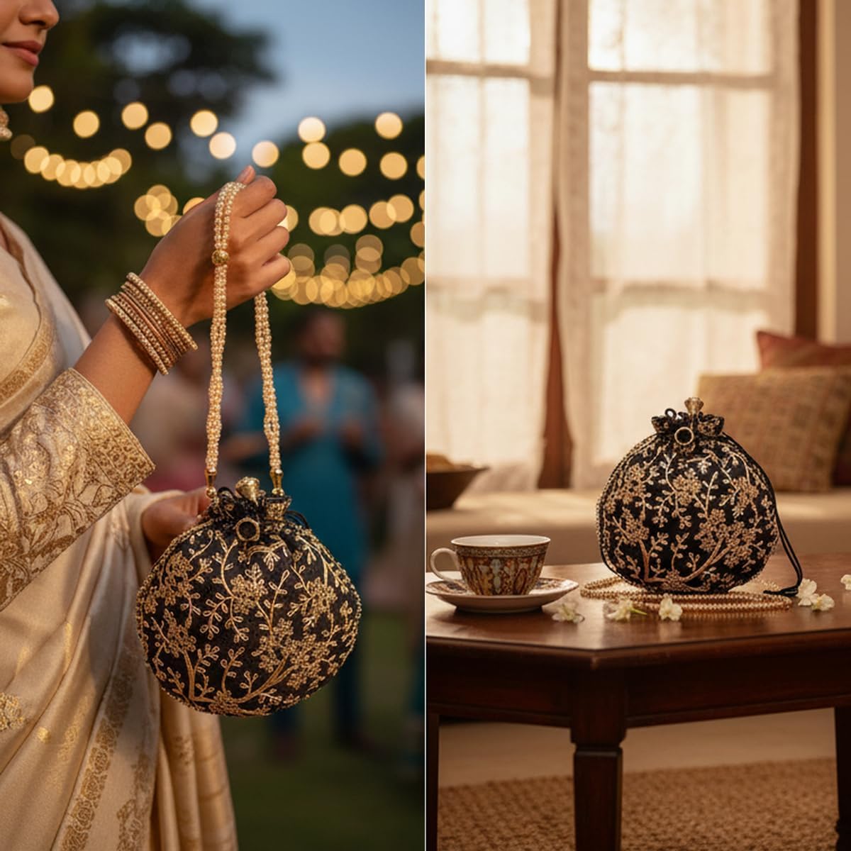 Touchstone Traditional Indian Hand Embroidered Shopping Gifts Jewelry Wedding Faux Pearls Strings Drawstring Bag for Women. - Image 4