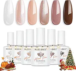 modelones Kit de esmalte de gel – Conjunto de 6 cores de esmalte de gel marrom nude outono sem hema, brilho brilhante, kit de esmalte de gel branco neutro de imersão em U v LED, presentes de manicure