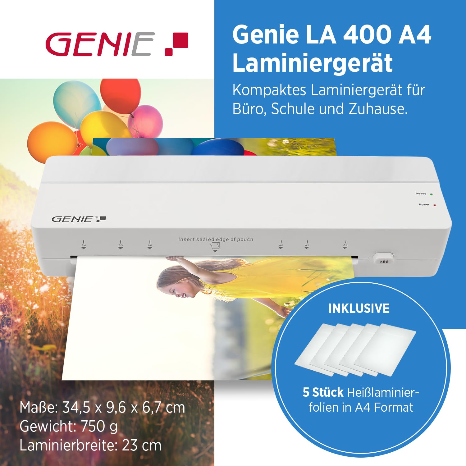 GENIE LA 400 Plastifieuse A4 à chaud 2 rouleaux chauffants Machine à plastifier