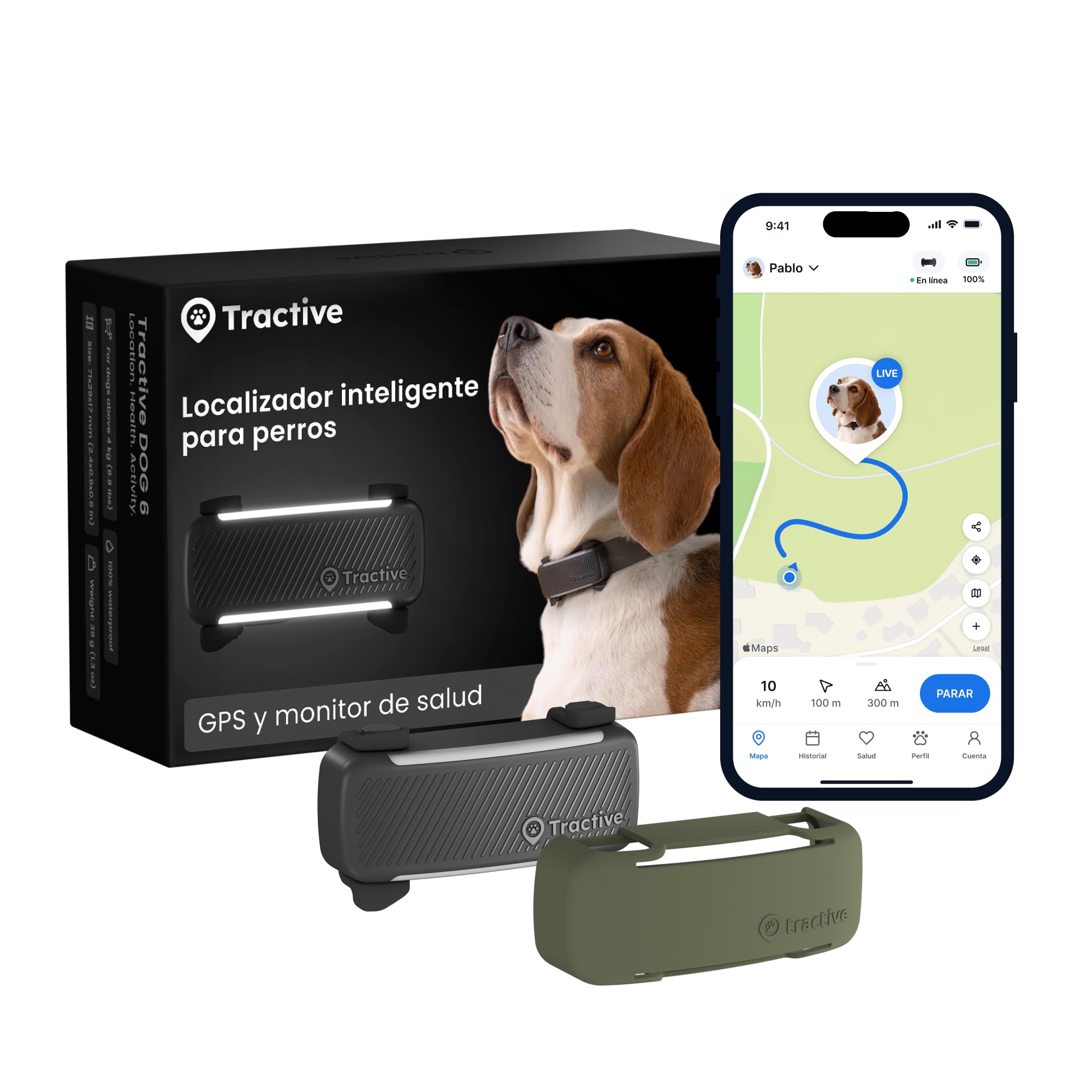 Tractive GPS para Perros Inteligente - Bundle con Funda Verde Oliva | 2025 Edición | Localización GPS en Tiempo Real | Alertas Antifuga y Avisos de Salud | Monitor de Constantes Vitales (Negro)