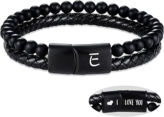 Initial Bracelets for Men, Mens Leather Bracelet Letter A-Z Beaded Bracelets Stocking Stuffers I Love You Gifts for Him Boyfriend Initial Bracelet Anniversary Birthday Gifts for Son Husband Jewelry