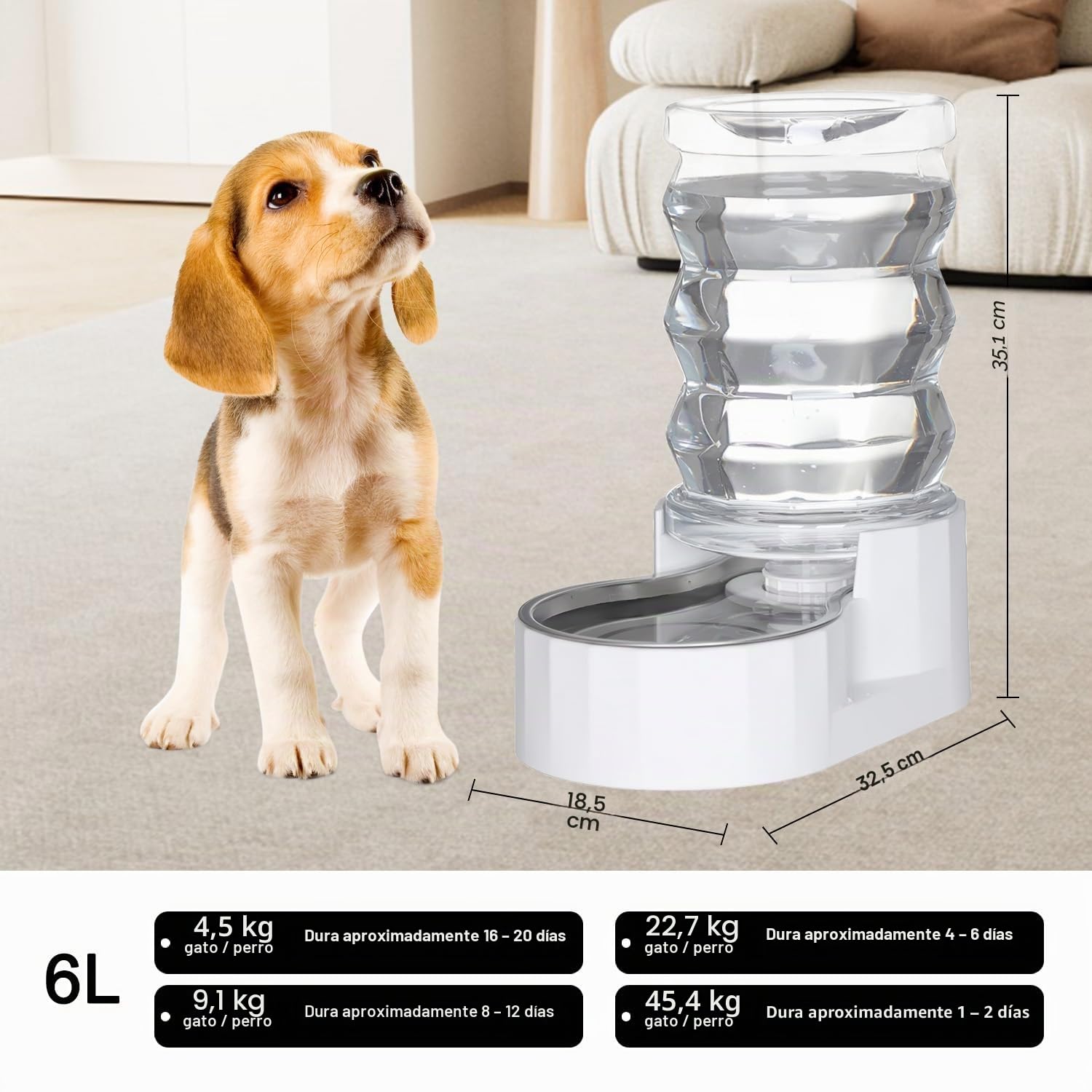 Sfozstra Dispensador de cuenco de agua para perros: 6L Blanco Grande Acero inoxidable - Sin BPA - Dispensador automático de agua por gravedad para mascotas para propietarios ocupados