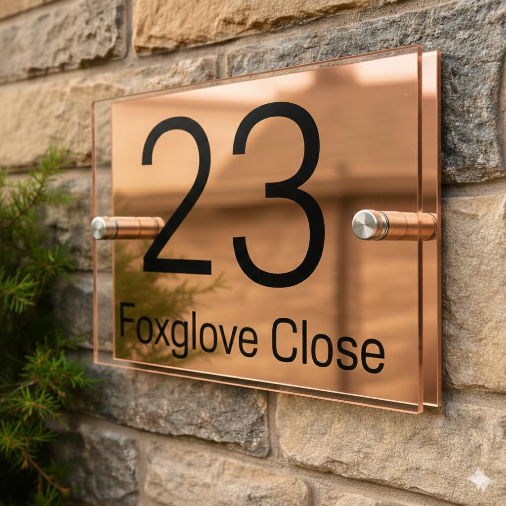 Personalised House Numbers Plaques by Blitz Craft | Glass Effect Acrylic and Rose Gold Aluminium | Custom Address Text with Door Numbers for Outside, Weatherproof Design with Fixings (200x130mm) D001