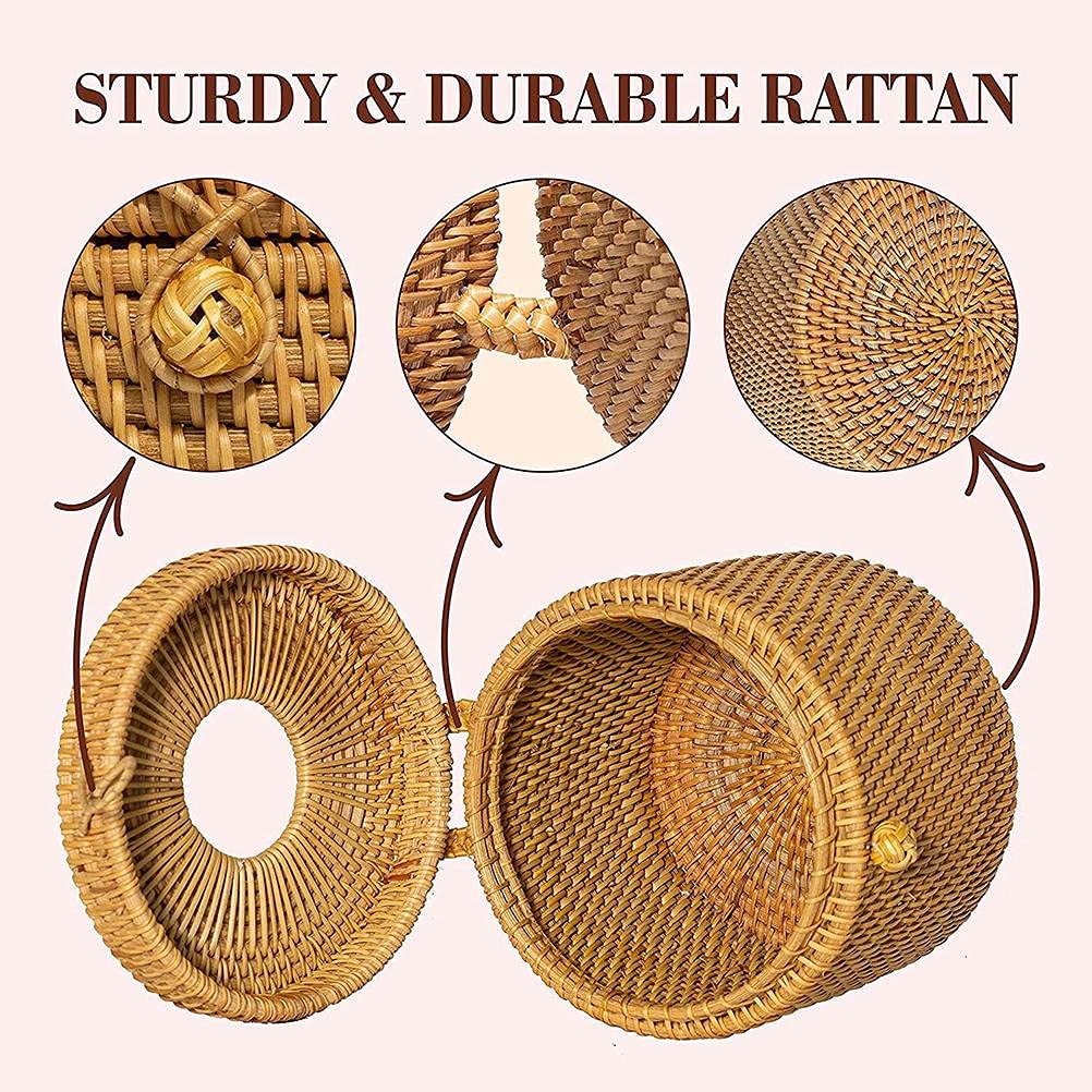 Scatola rotonda in rattan, porta carta igienica in vimini con coperchio, contenitore rotondo adatto per la decorazione della casa del bagno