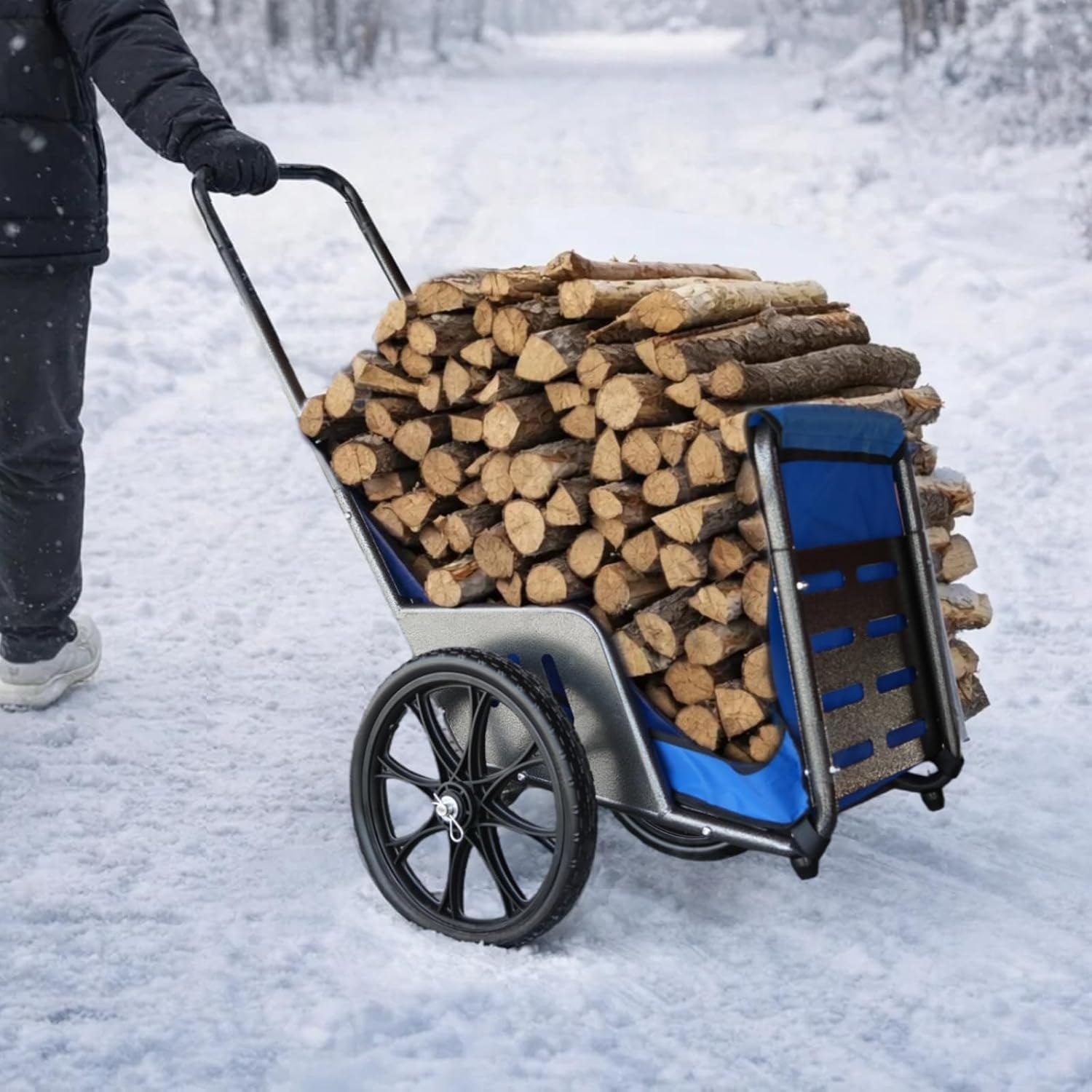 Firewood Cart with 16" Big Wheels for Stairs & Snow, 50" High-Leverage Handle to Easily Haul 220 lbs, Includes Canvas Cover, All-Terrain Heavy Duty Utility Wagon