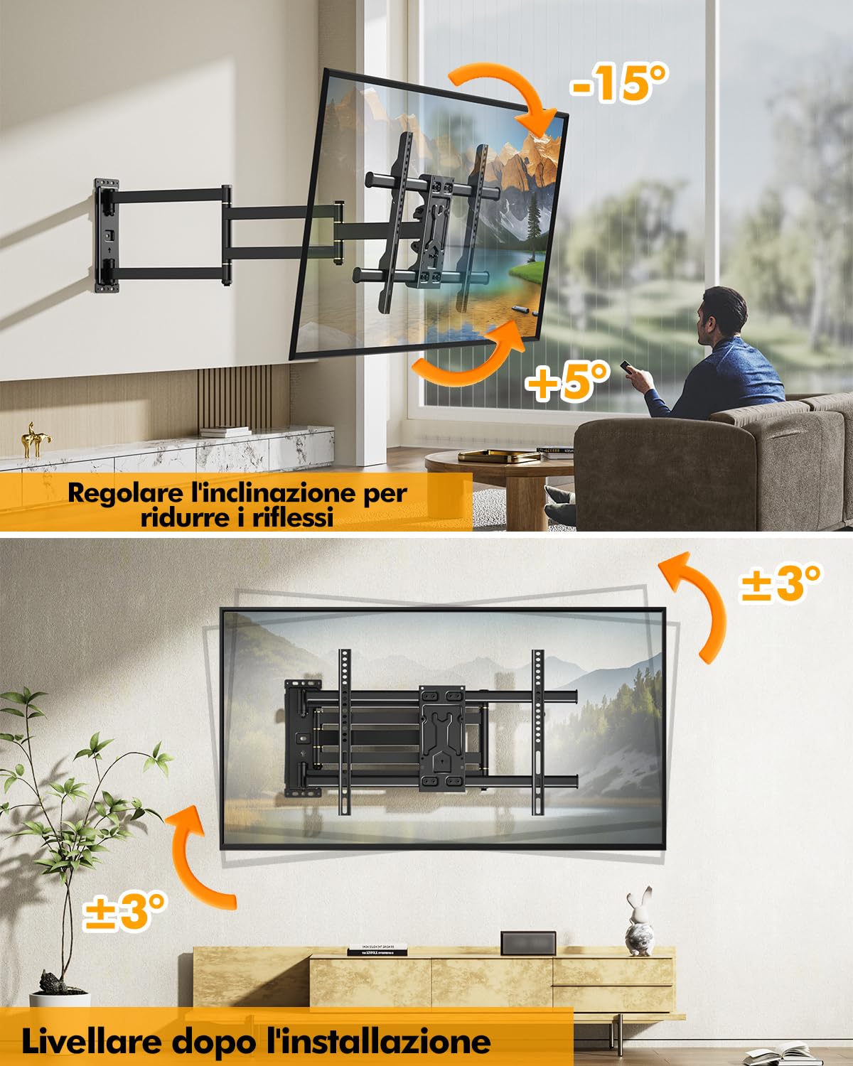 FORGING MOUNT Staffa da parete per TV a lunga portata, braccio lungo 1015 mm per TV da 37-75 pollici, staffa angolare per TV, 3 bracci articolati, supporto TV con movimento completo, orientabile