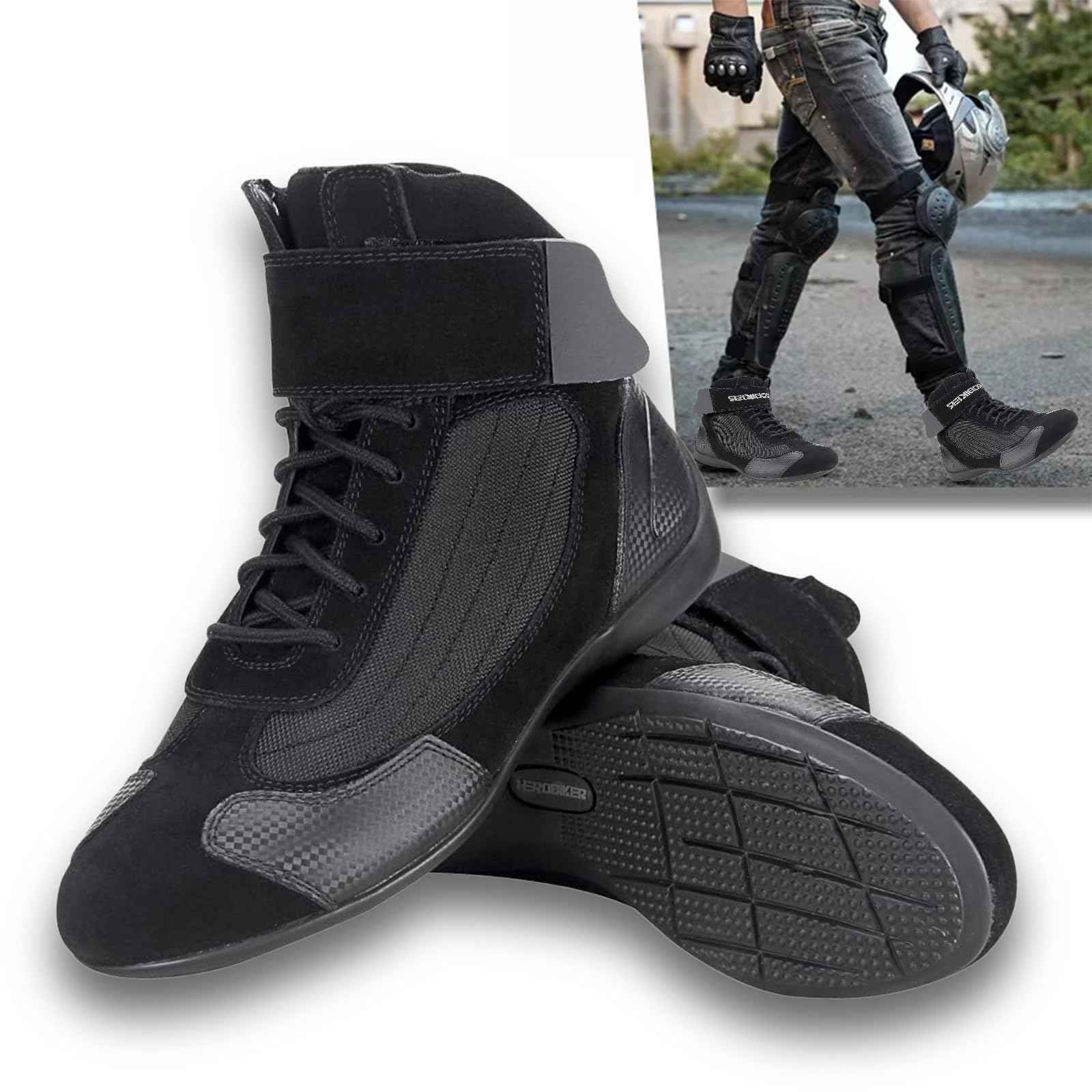 wasserdichte Belüftete Motorradstiefel für Herren Und Damen Sommer Wildleder Urban Casual Riding Schützender Knöchel Kurzes Design Atmungsaktive,Black-42