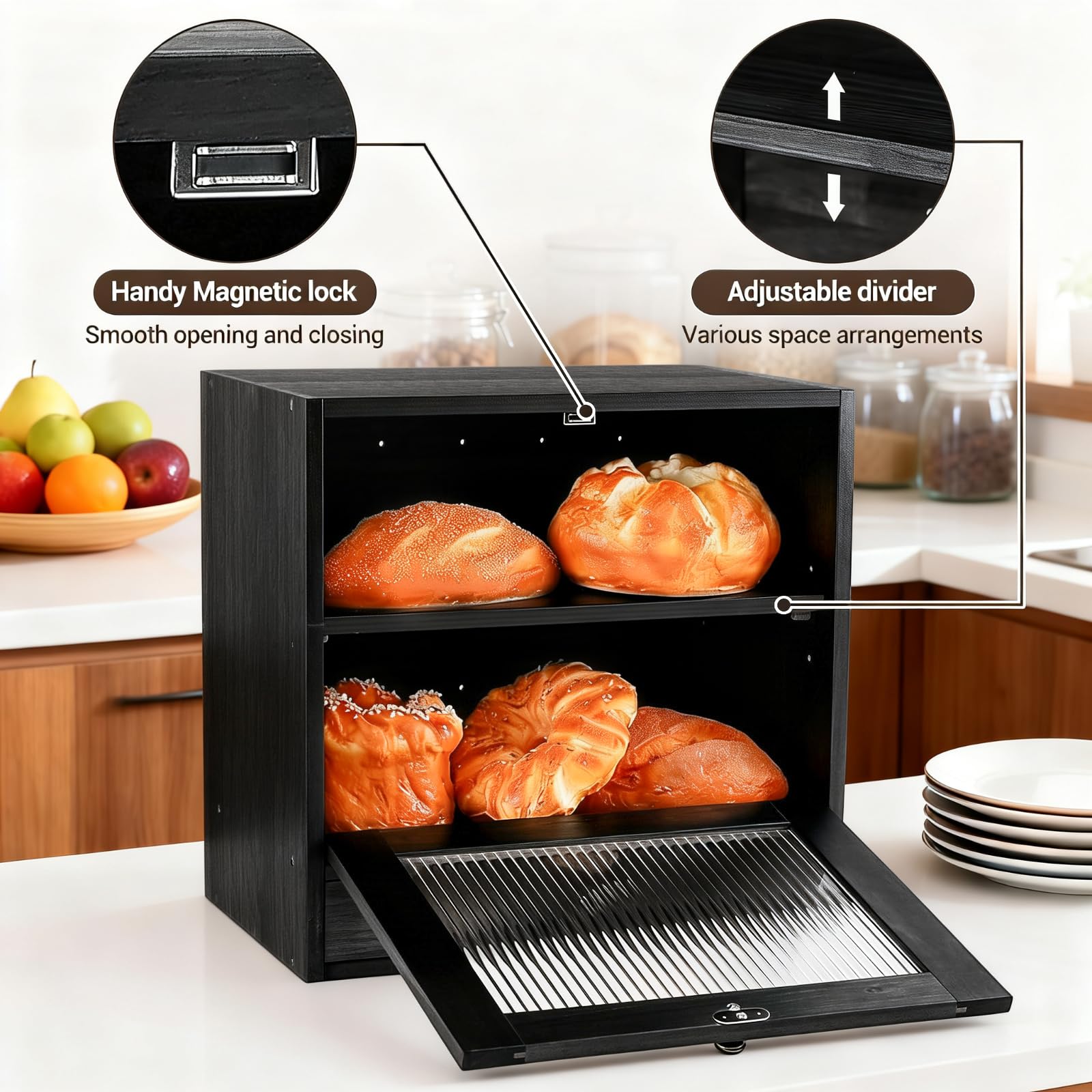 GarveeHome Brotkasten Holz, 36,8 x 24 x 36 cm Groß Brotbox mit Schublade zur Aufbewahrung von Geschirr, Küche Brotaufbewahrung mit Acrylglasfenster für Brot Längere Frische & Einfache Pflege