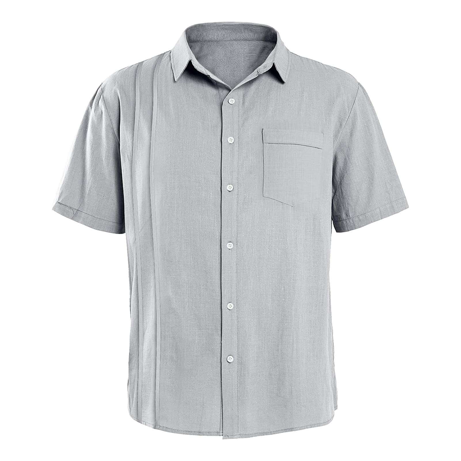 Maiyifu-GJ Men's Short Sleeve Cotton Linen Shirts Lightweight Summer Button Down Shirt Holiday Beach T Shirt with Pocket (Grey,X-Large)