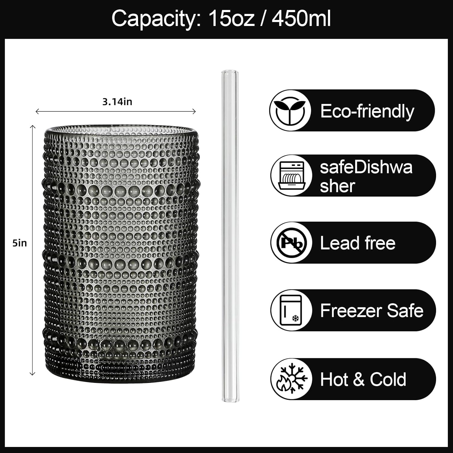 Vintage Hobnail Drinking Glasses Set of 12, 15oz Textured Tumblers - Embossed Grey Bar Glasses for Cocktails, Beer, Whiskey, Dishwasher-Safe Highball Cups for Kitchen, Juice & Mixed Drinks - Image 5