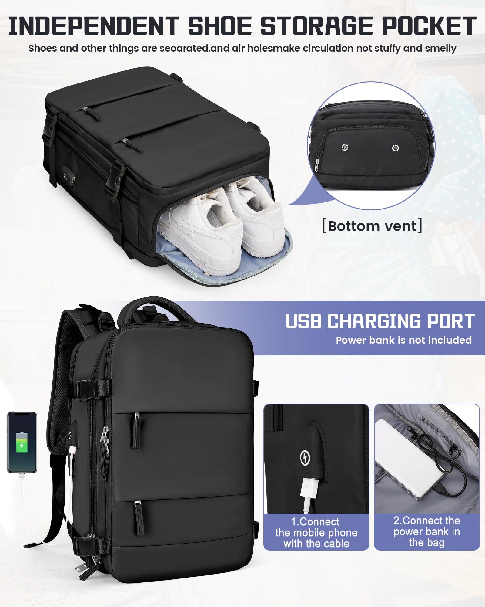 SZSYCN Bagaglio A Mano 40x20x25 Ryanair Borse da Cabina per Easyjet 45x36x20,Zaino Sottovuoto Viaggio,Zaino impermeabile da viaggio con scomparto,adatto per zaino laptop da 14 pollici