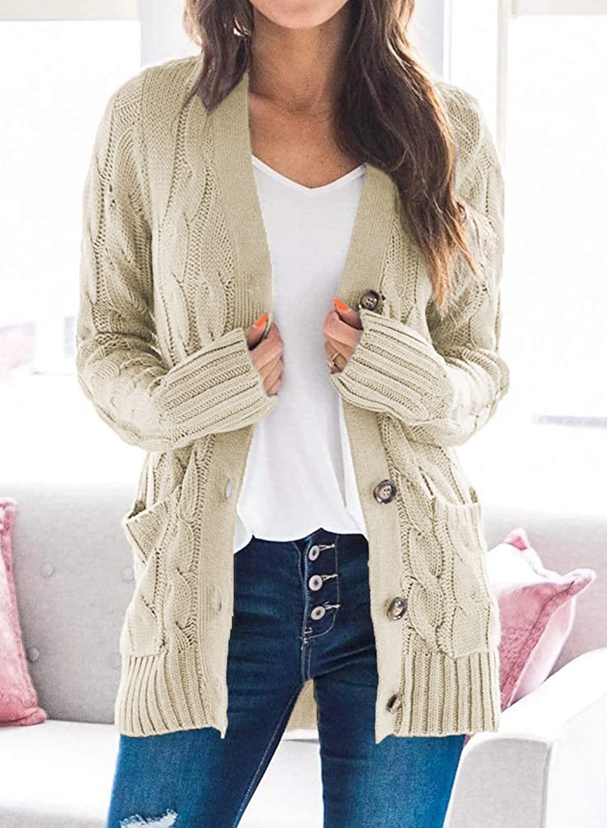 Uusollecy Cárdigan de Manga Larga para Mujer, para otoño e Invierno, Informal, con Botones, Tallas