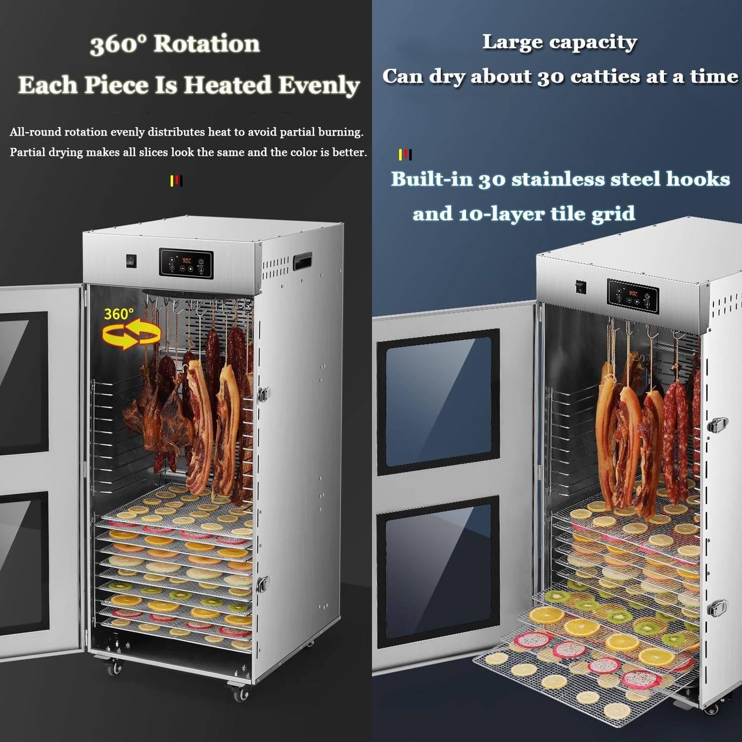 Essiccatore per alimenti per carne secca, essiccatore per alimenti in scatola di biltong in acciaio inossidabile, essiccatore per alimenti, con controllo della temperatura di 30-90°C,15KG/time