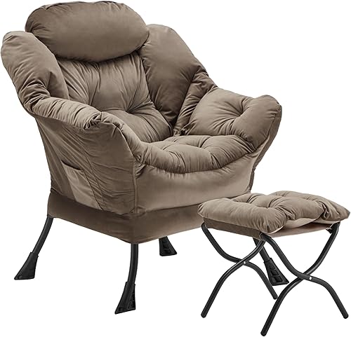 Silla Lazy con otomana plegable, silla decorativa de terciopelo tapizada con estructura de metal y almohadillas antideslizantes, sillón con