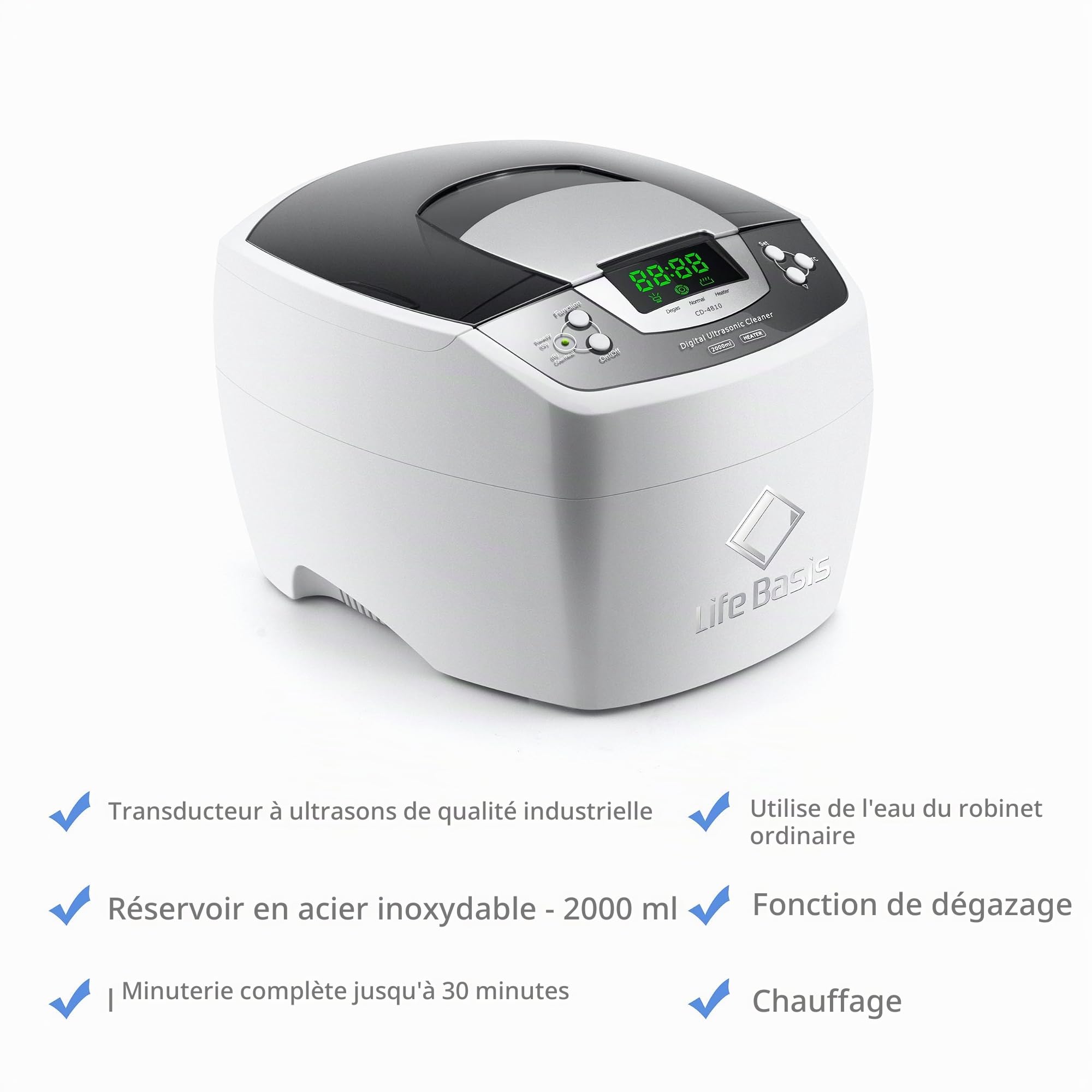 LifeBasis Nettoyeur Ultrasons 2L 160W, Bac Ultrasons 35kHz avec Chauffage 60°C, Dégazage 90s et Minuterie 1–30 min, Nettoyage Professionnel pour Bijoux, Lunettes, Montres, Outils et Laboratoire