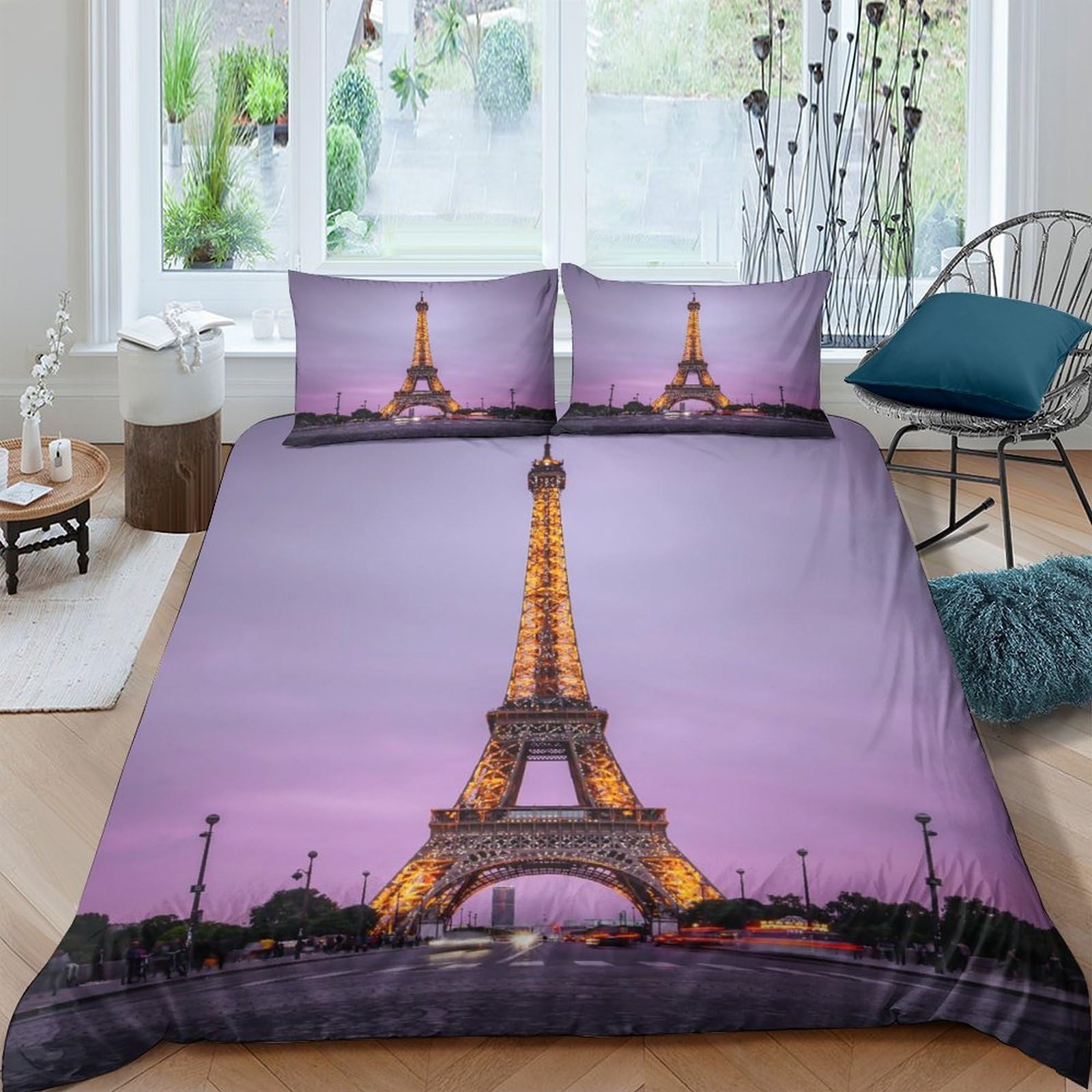 Ctjqhvkz Style-3 3D Printed Eiffel Tower Fitted Sheet Microfiber Soft Purple Paris Bed Cover For Bedroom Guest Room Decor Protection Single（135X200cm）