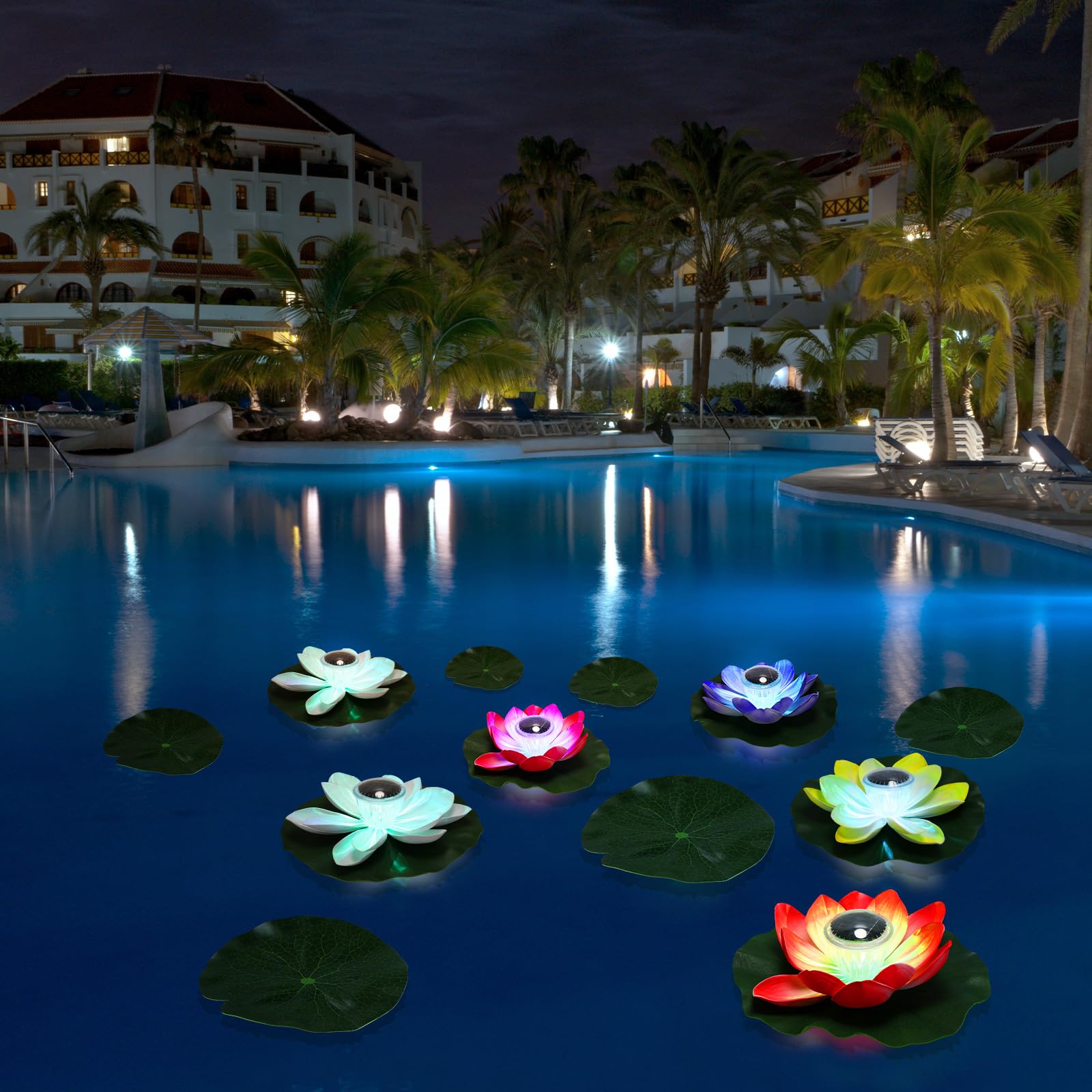 VIHOSE 16 luces solares de loto para estanque, impermeables, luces flotantes de loto solar con almohadillas de lirio, luces nocturnas flotantes para piscina, estanque, patio, jardín, piscina,