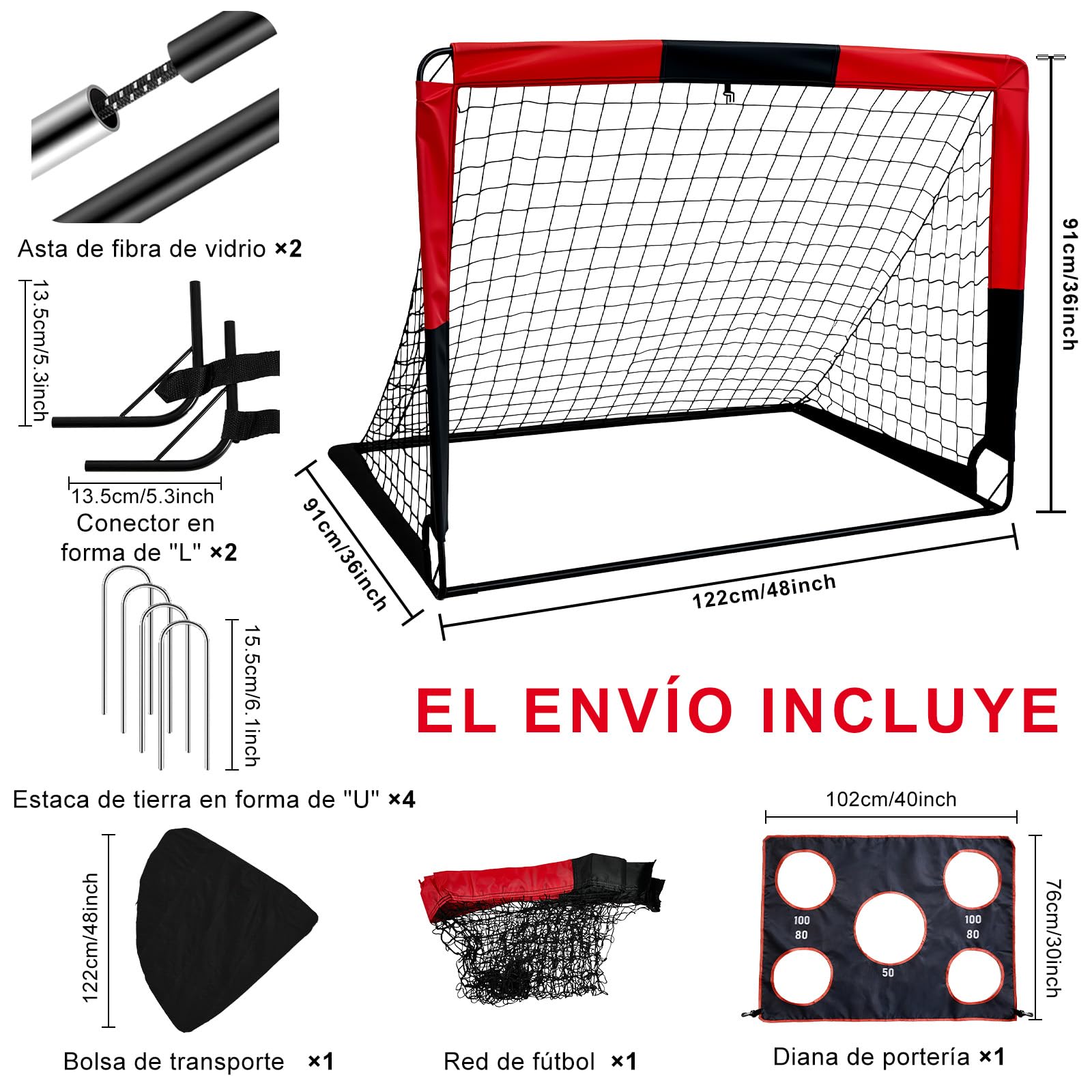 Portería de fútbol infantil 2 en 1 plegable con bolsa de transporte