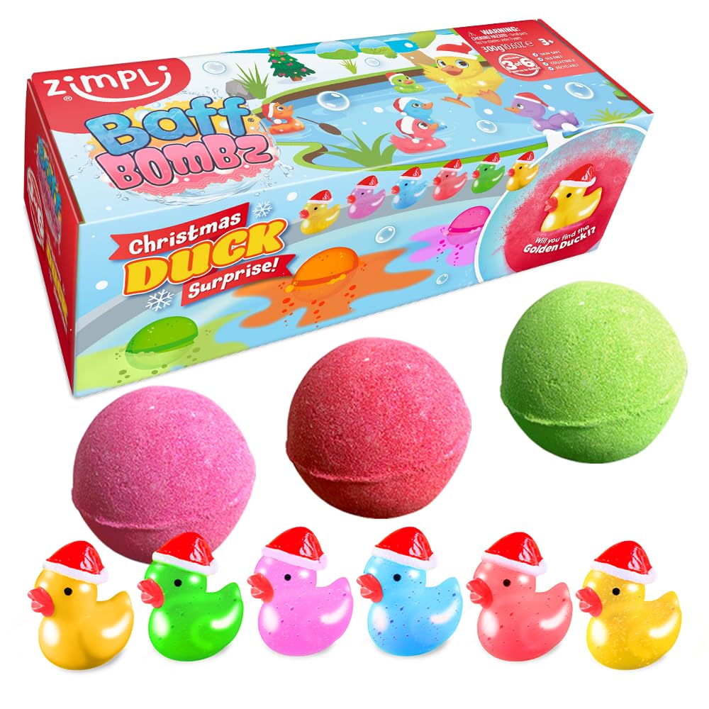 ZIMPLI - 3 x Xmas Duck Surprise Bath Bombs, 1 of 6 Duck Toys to Collect, One per Large Baff Bomb, for Kids, Bathtub Toy for Boys & Girls