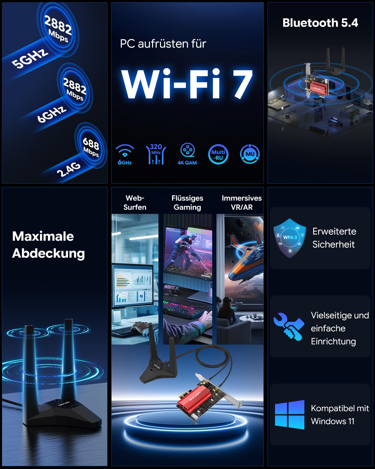 WAVLINK BE6500 Wi-Fi 7 WLAN Karte mit Antennenverlängerung,Bluetooth 5.4