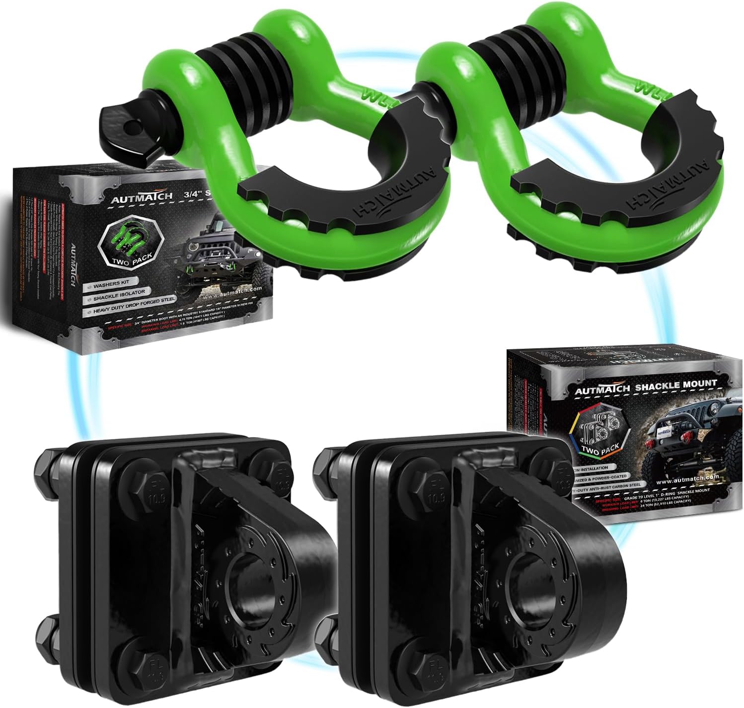 AUTMATCH 3/4" D Ring Shackles with Shackle Mount, Bolt On Clevis Mount Bumper Shackle Bracket, Use with Tow Strap, Winch, Off-Road Vehicle Recovery Truck, Green