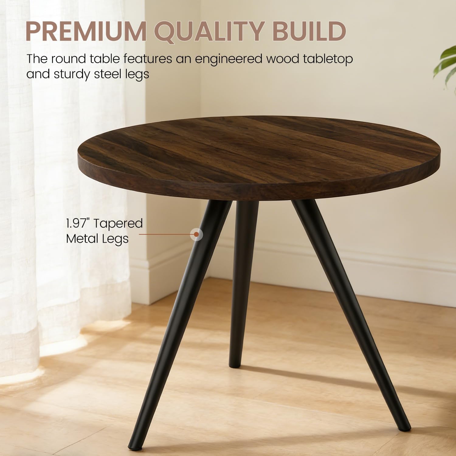 34.6" Round Dining Table Set for 4, Modern Kitchen Coffee Table Set with 4 Faux Leather Chairs, MDF Small Space Saving Dining Room Table and Chairs Set (Walnut Table+4 Beige U-Shaped Chairs)