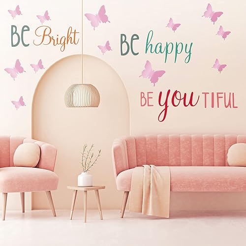 Miniatura 5 de Chinco 20 hojas de calcomanías de pared con citas inspiradoras para niñas, 12 hojas de mariposa 3D rosa pastel, inteligente, fuerte, sin miedo, sé
