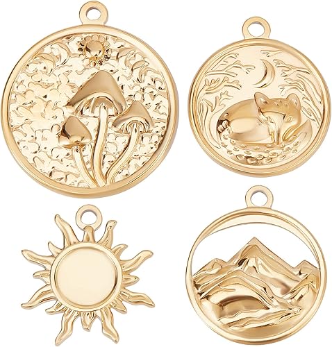 Beebeecraft 1 caja de 12 dijes redondos planos de 4 estilos, chapados en oro de 18 quilates, colgantes de acero inoxidable para montaña, sol, luna,