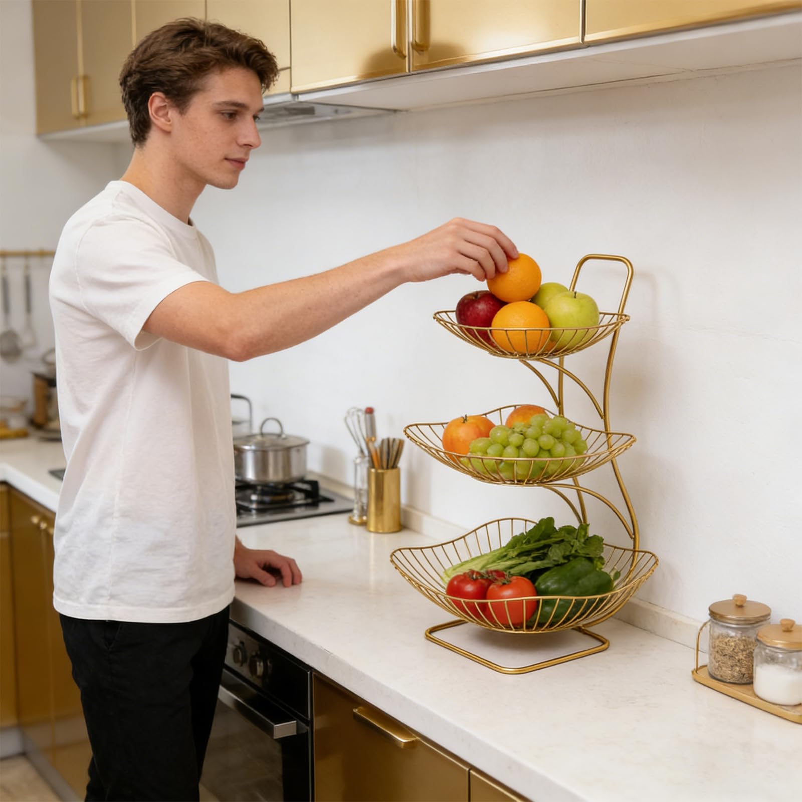 Présentoir à fruits à 3 étages en métal doré - Design moderne - Pour mariage, fête, maison, buffet, centre de table, sans montage