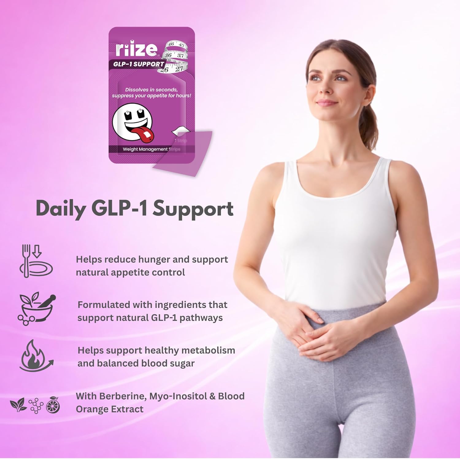 Riize GLP-1 Support Strips for Weight Management and Appetite Control - Fast-Dissolving Oral Strips with Berberine, Myo-Inositol & Blood Orange Extract - 1 Month Supply - 30 Count