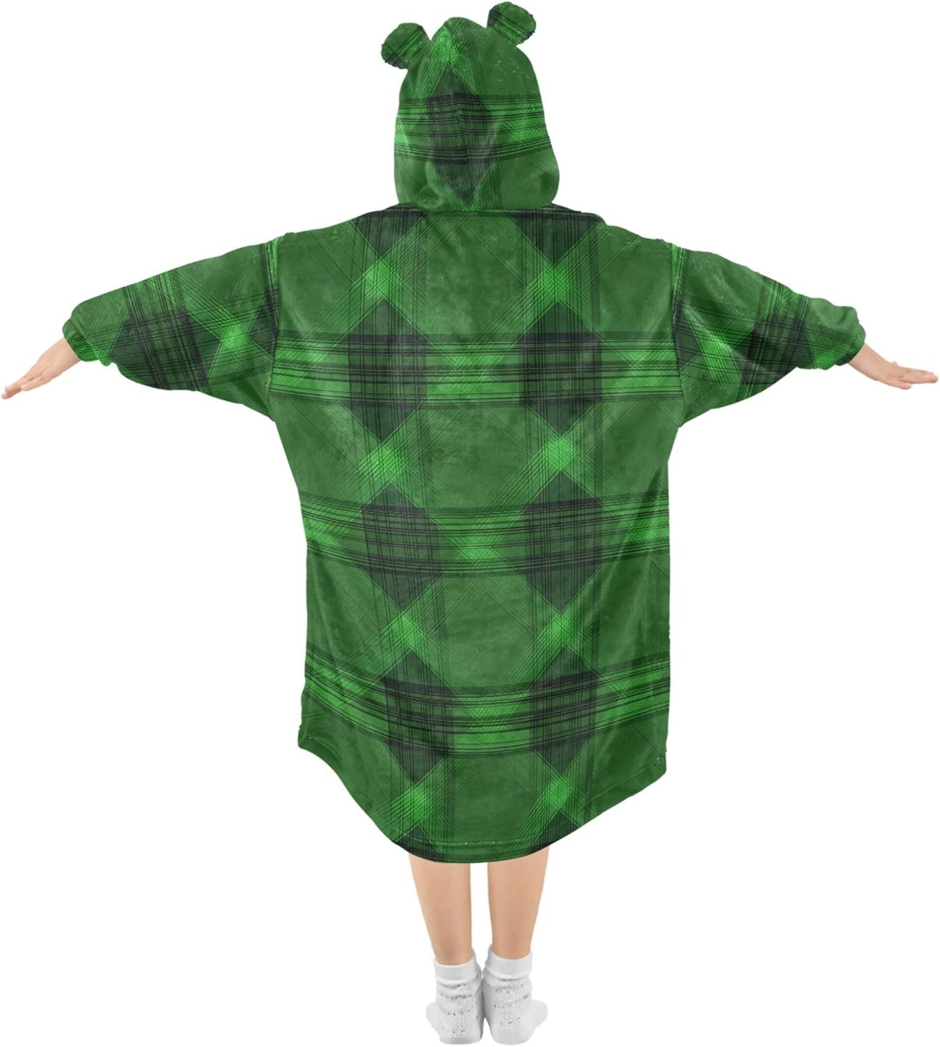 Green Buffalo Check Plaid Kids Wearable Blanket Hoodie with Pocket and Sleeves for Toddlers, Cute Hoodies Girls Boys