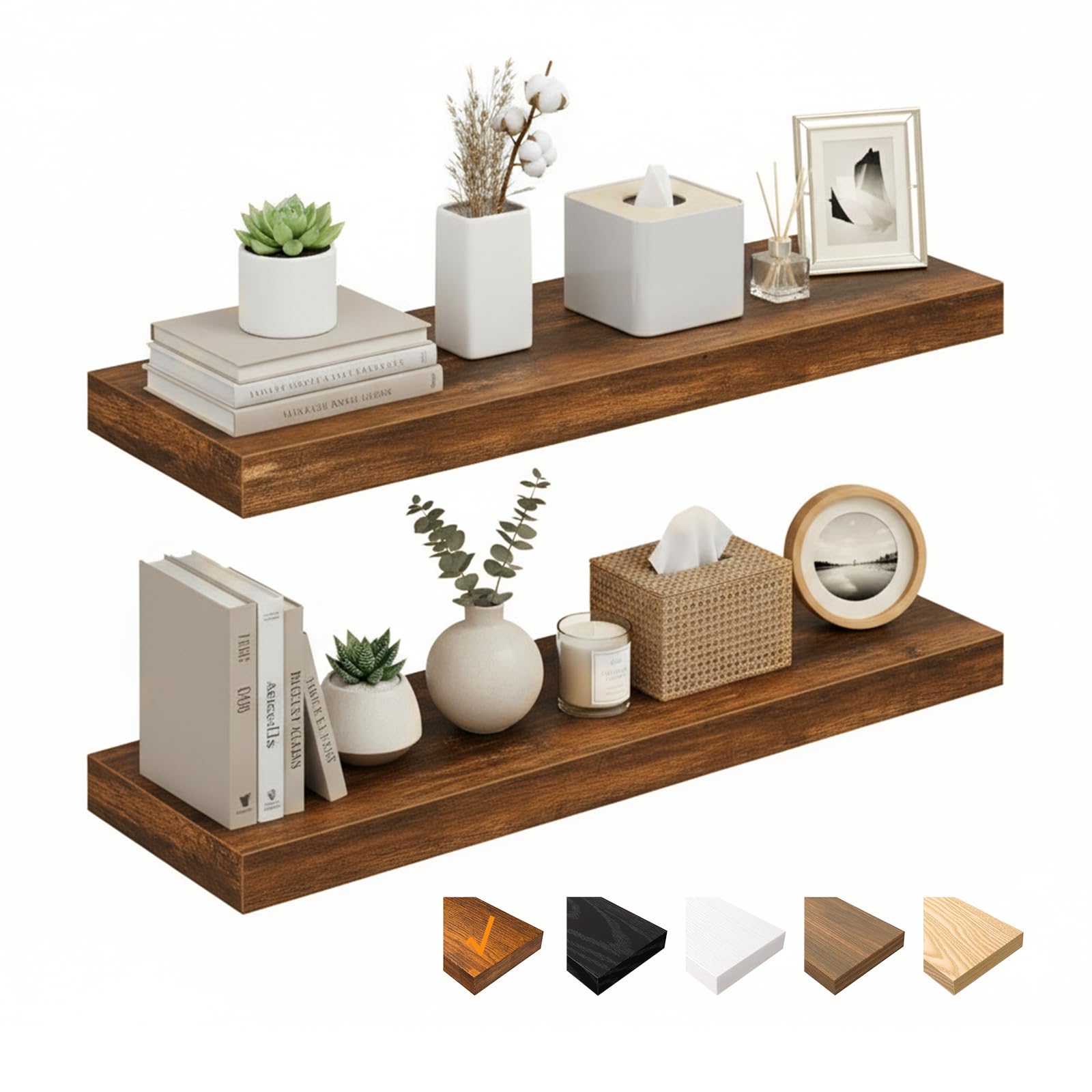 RICHER HOUSE Braun - Juego de 2 estantes de pared (60 x 23,5 x 3,8 cm, tablero de fibra de densidad media) | Estantería de madera para pared, con soportes invisibles, para dormitorio, salón, baño, cocina, lavandería, oficina