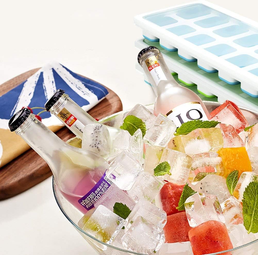 Ouddy 4 Pack Ice Cube Trays with Lid, Silicone Ice Cube Molds, 14-Ice Trays Can Make 56 Ice Cubes, Stackable Durable (Blue & Green)